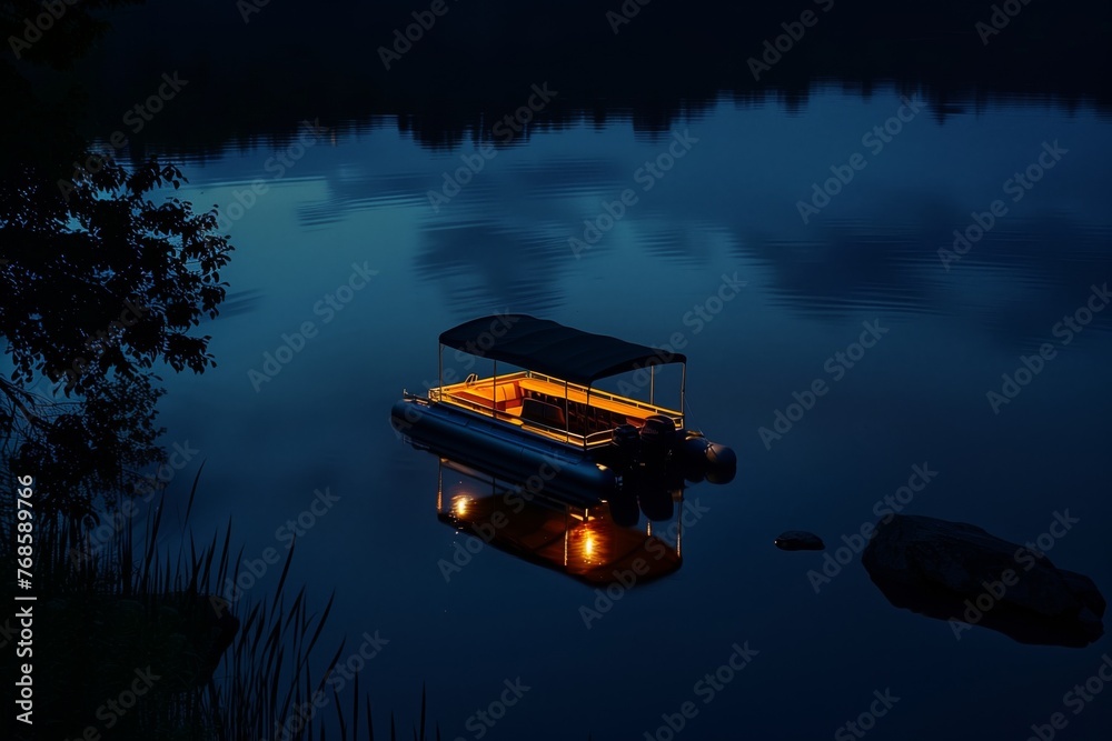 nighttime shot of litup pontoon boat floating on a tranquil lake - obrazy, fototapety, plakaty 