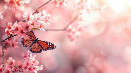 Branch of blossoming sakura with beautiful butterfly, copy space, bright professional photo © shooreeq