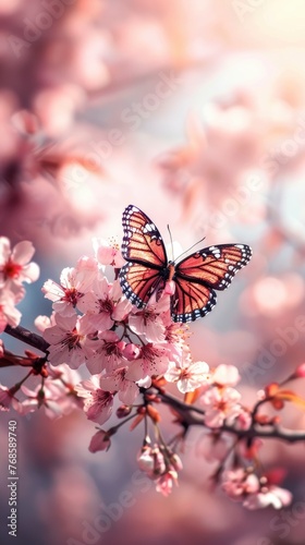 Branch of blossoming sakura with beautiful butterfly, copy space, bright professional photo