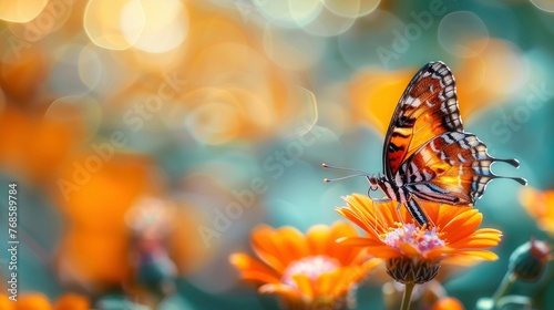 Colorful butterfly sits on beautiful flower, bright blurred background, copy space, close-up professional photo 