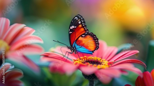 Colorful butterfly sits on beautiful flower, bright blurred background, copy space, close-up professional photo