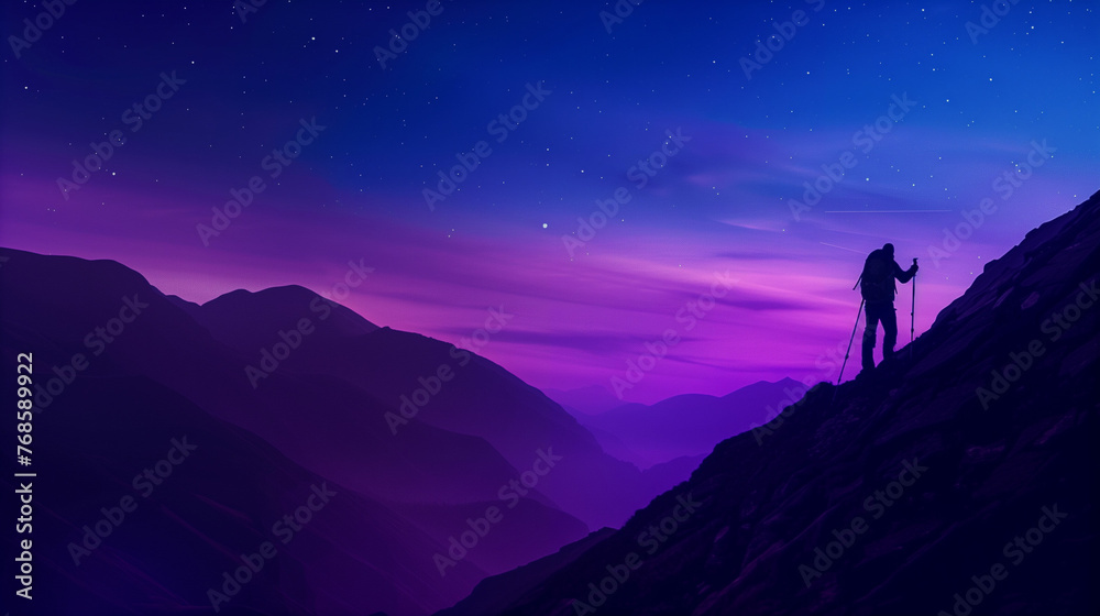 silhouette of a person standing on the edge of a mountain, gazing at the starry night sky. The backdrop is adorned with layers of mountains that gradually fade into the distance, enveloped in various 