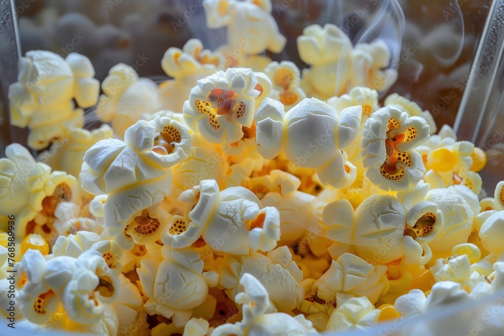 closeup of corn kernels swirling inside a popcorn maker closeup of corn kernels swirling inside a popcorn maker