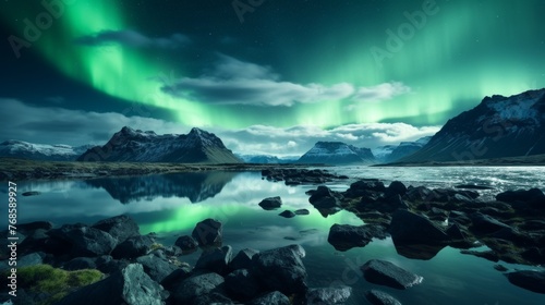 Enchanting phenomenon of the mesmerizing aurora borealis lighting up the night sky © Aliaksandra