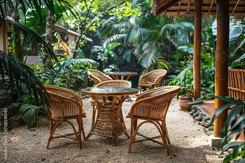 Create a tropical paradise with rattan chairs and a bamboo table on a lush, tropical island