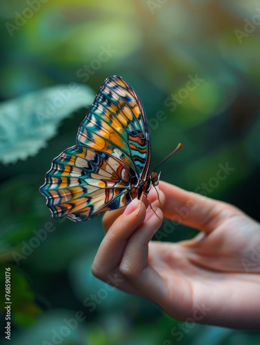 Colorful butterfly sits on woman fingers, harmony of nature, copy space, beautiful magic close-up professional photo