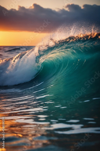 Colorful ocean wave falling down at sunset time