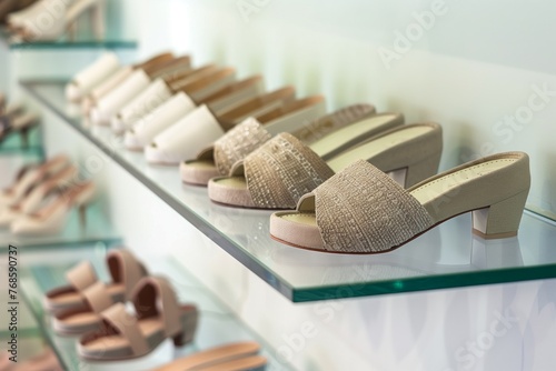 row of wedge sandals on elevated glass shelf