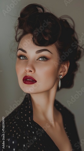 Handsome woman with plump lips and charming eyes portrait  pin-up make-up and hairstyle  posing in studio  professional photoshoot