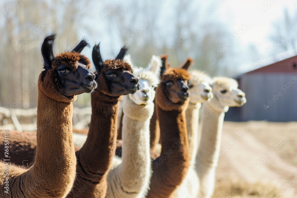 Obraz premium alpacas standing in a row for feeding time at the farm