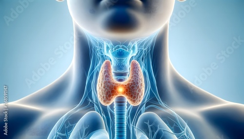 A translucent, anatomically detailed visualization of a human neck revealing the thyroid gland and trachea, with a focus on the thyroid highlighted in orange. 3d illustration.