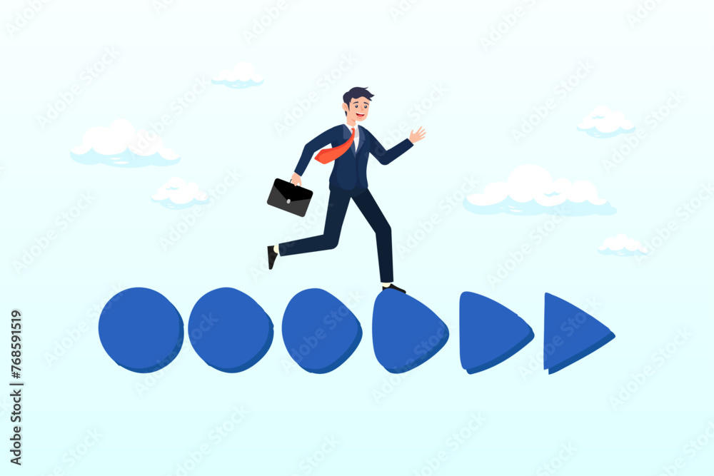 Confidence businessman business owner walk on circle transform to triangle forward arrow, business transformation change or develop into new company, improvement plan, progress or growth (Vector) Confidence businessman business owner walk on circle transform to triangle forward arrow, business transformation change or develop into new company, improvement plan, progress or growth (Vector)
