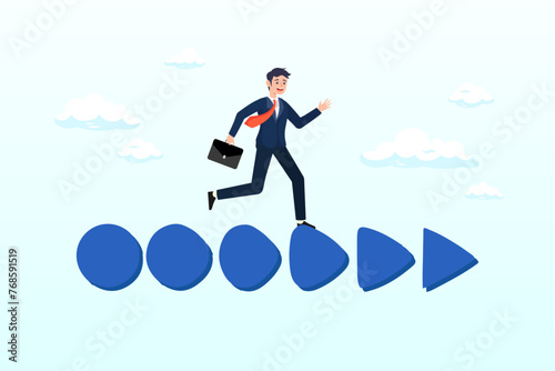 Confidence businessman business owner walk on circle transform to triangle forward arrow, business transformation change or develop into new company, improvement plan, progress or growth (Vector)