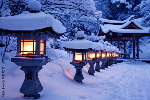 line of glowing snow lanterns leading to a snowcovered shrine