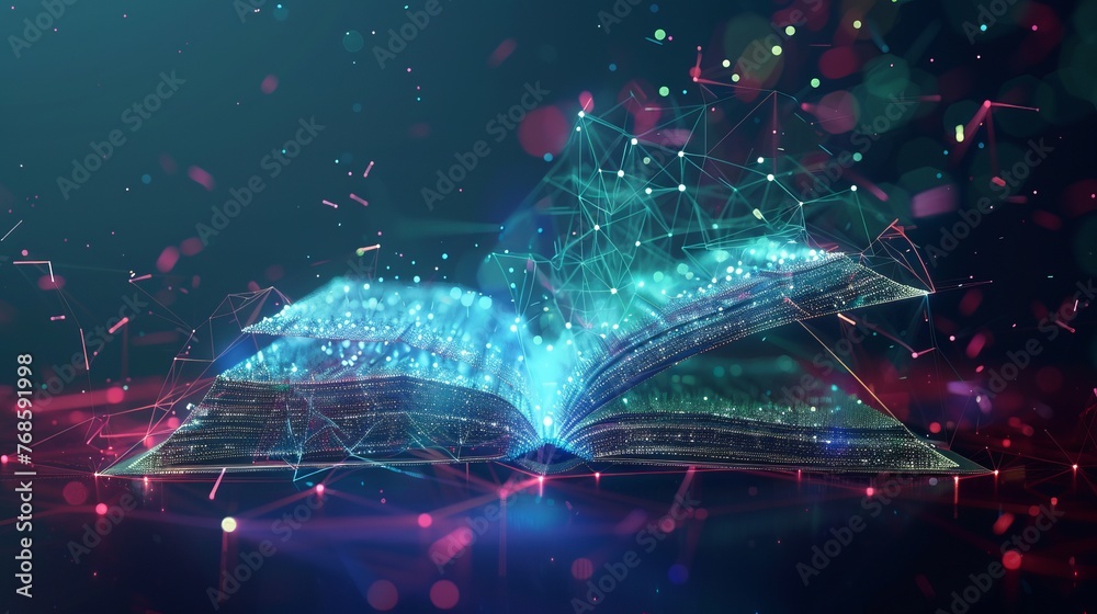A book opens in a digital realm, its low poly wireframe illuminating the path to online education and knowledge A book opens in a digital realm, its low poly wireframe illuminating the path to online education and knowledge