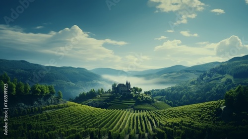 Scenic aerial view of vineyard grapes and villa in rural landscape on sunny day for farm banner