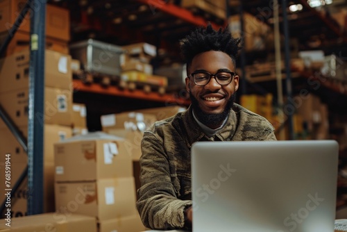 young worker is working with a laptop in a goods delivery warehouse. ai generative