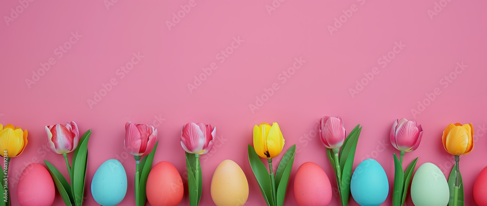 row of colorful easter eggs with tulips  on pink background, copy space concept for text and design. Happy Easter greeting card banner template.