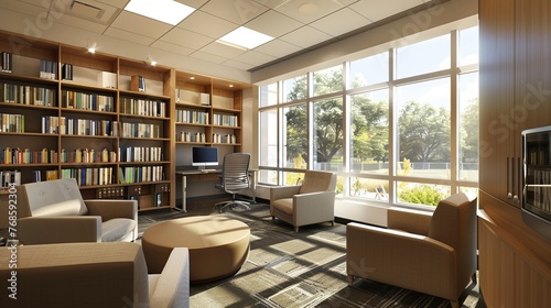 A cozy library space equipped with a computer demonstrates the blend of traditional and modern learning environments