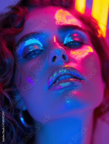 High fashion stunning beautiful woman portrait with metallic silver colored lips  colorful bright neon lights  professional studio photo