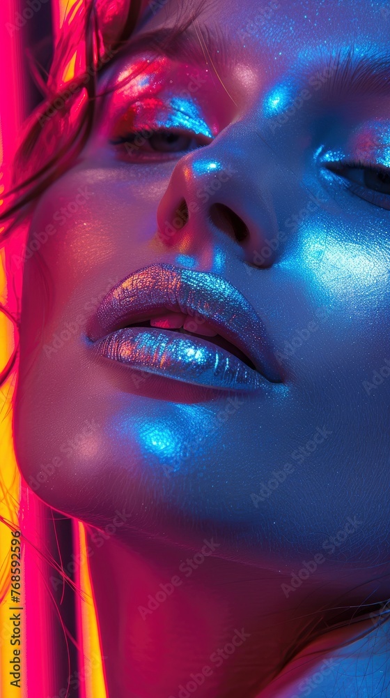 High fashion stunning beautiful woman portrait with metallic silver colored lips, colorful bright neon lights, professional studio photo