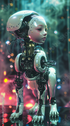 Dystopian humanoid and new humanity coexist. Robot puppy