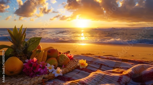 Tropical Beach Picnic with Fruits during Sunset, Beautiful Sunrise on the Beach with Flowers, To convey a sense of relaxation, leisure, and healthy living in a tropical paradise