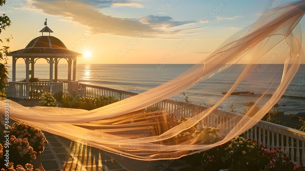 Fototapeta premium Seaside Porch with a View of the Ocean, Sunset Gazebo with White Blanket and Sheer Curtains,To convey a sense of warmth, tranquility, and elegance, perfect for romantic or nostalgic themes.