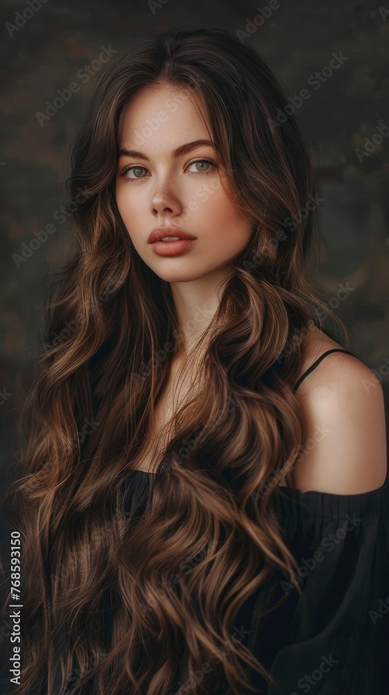 Stunning beautiful young caucasian brunette girl with long and shiny wavy hair, professional studio photo Stunning beautiful young caucasian brunette girl with long and shiny wavy hair, professional studio photo