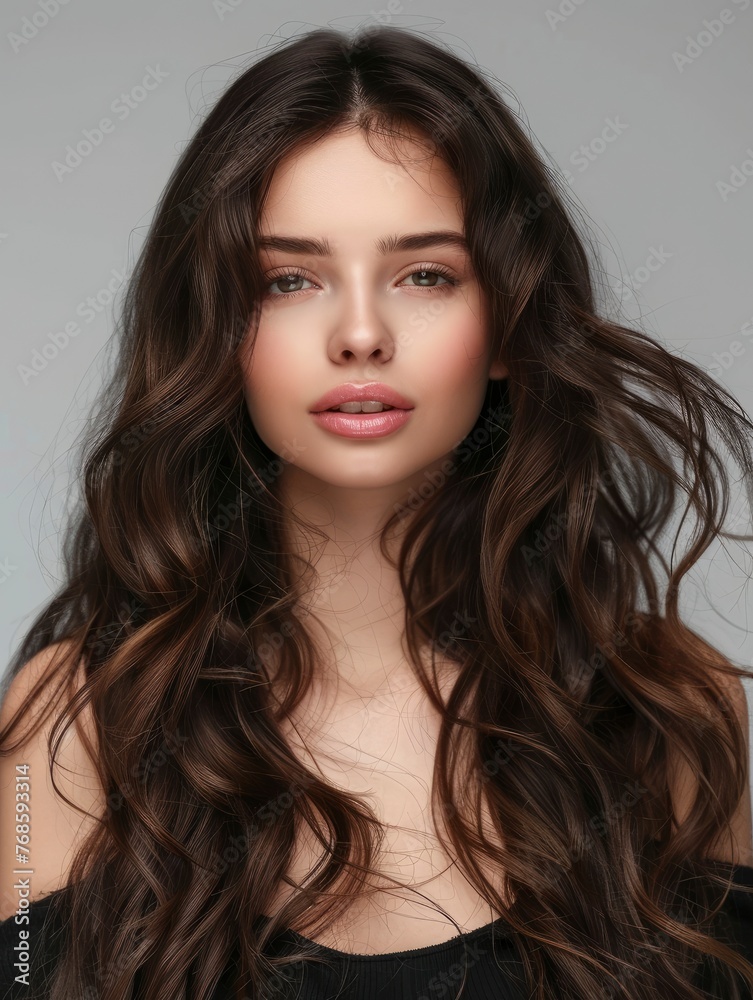 Stunning beautiful young caucasian brunette girl with long and shiny wavy hair, professional studio photo Stunning beautiful young caucasian brunette girl with long and shiny wavy hair, professional studio photo