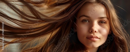Stunning beautiful young caucasian brunette girl with long and shiny windblown hair, professional studio photo