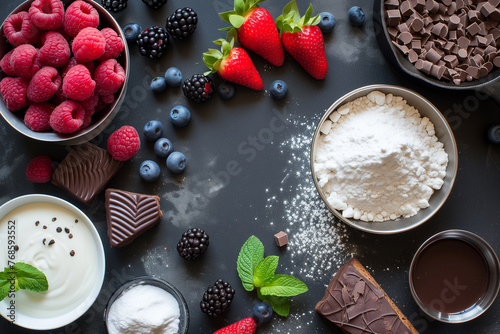 A variety of fruits and desserts are laid out on a table, including strawberries, blueberries, raspberries, and chocolate. Concept of indulgence and abundance