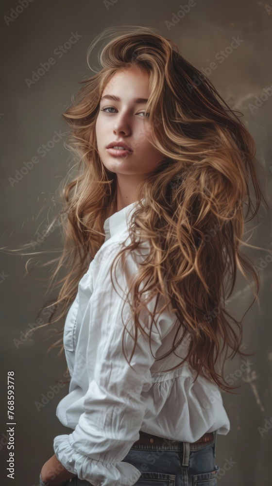 Naklejka premium Stunning beautiful young caucasian girl with magnificent hair, professional studio fashion photo