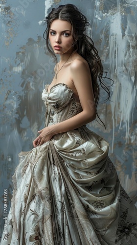 Stunning beautiful young caucasian brunette in gorgeous dress, professional studio photo