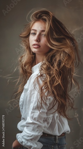 Stunning beautiful young caucasian girl with magnificent hair, professional studio fashion photo