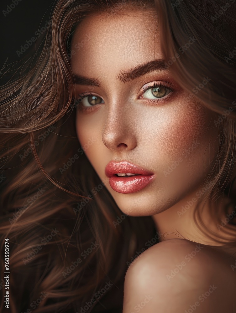 Fototapeta premium Stunning beautiful young caucasian girl with plump lips charming eyes and magnificent hair, professional studio fashion photo