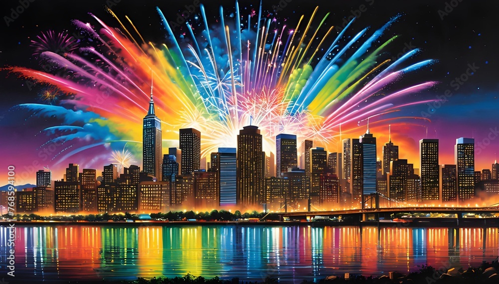 Rainbow fireworks over the night city. Watercolor painting