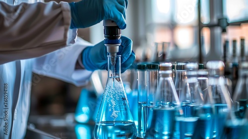 Close up of a scientists hands testing water samples for pollutants using advanced chromatography equipment photo