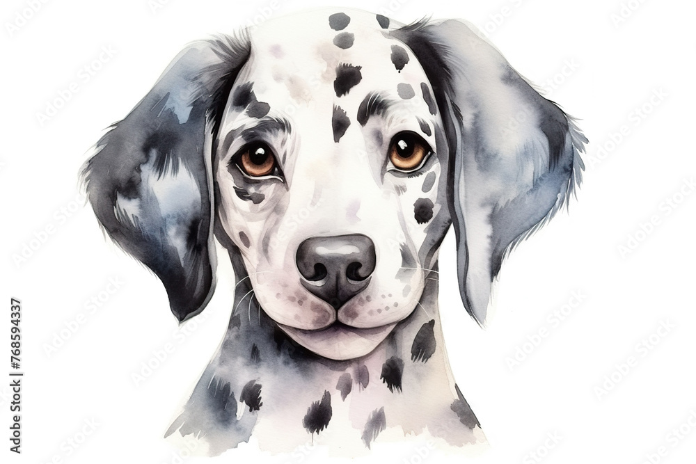 Watercolor illustration of a Dalmatian puppy with soulful eyes and distinctive spots.  - obrazy, fototapety, plakaty 