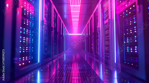 Perspective view of a modern data center server room bathed in neon pink and blue lights. 