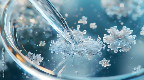 Detailed illustration of crystallization process in a petri dish highlighting the formation of intricate crystal structures