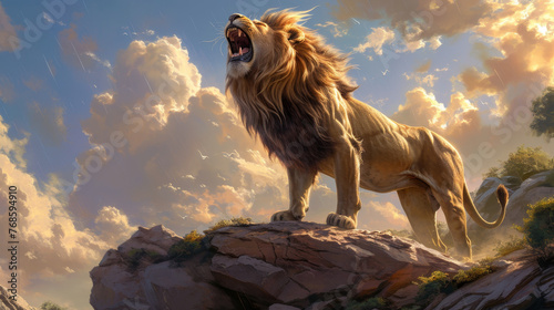 A lion is standing on a rocky hill, roaring loudly