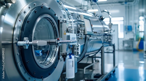 Detailed shot of an autoclave sterilization unit outside a cleanroom essential for the decontamination of tools and equipment photo