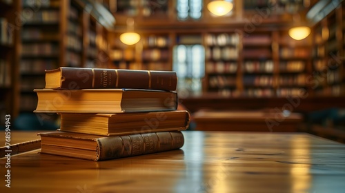 A stack of books on a wooden desk, with a blurred library in the background, symbolizes the journey back to learning
