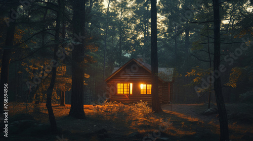 A cabin in the woods with a fireplace and a window