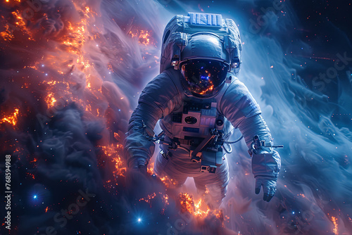 Astronaut in a spacesuit is floating in space with a bright starry open space