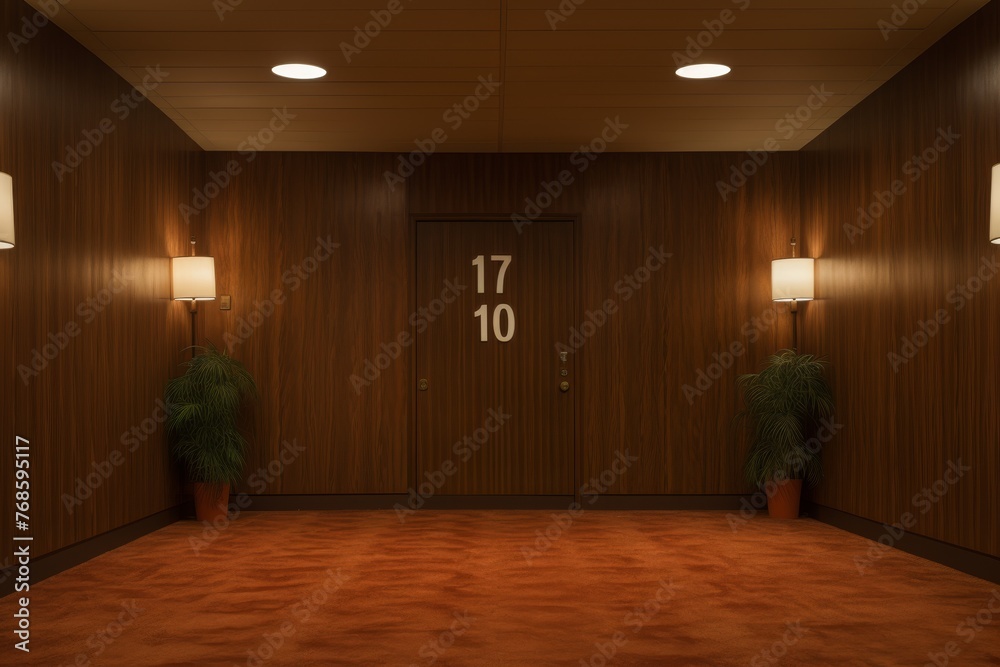 Hotel room showcasing a room number sign on the door for clear room