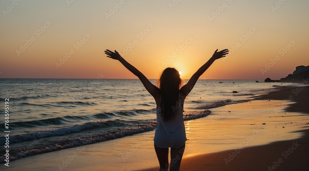 Backlit Portrait of calm happy smiling free woman with open arms