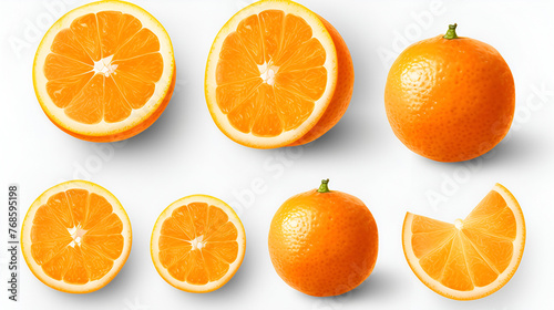 Fresh whole and cut orange slices isolated on a white background seen from above