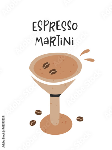 Espresso martini. Cocktail consisting of coffee liquor, vodka and coffee. Flat cartoon vector illustration with decorative elements